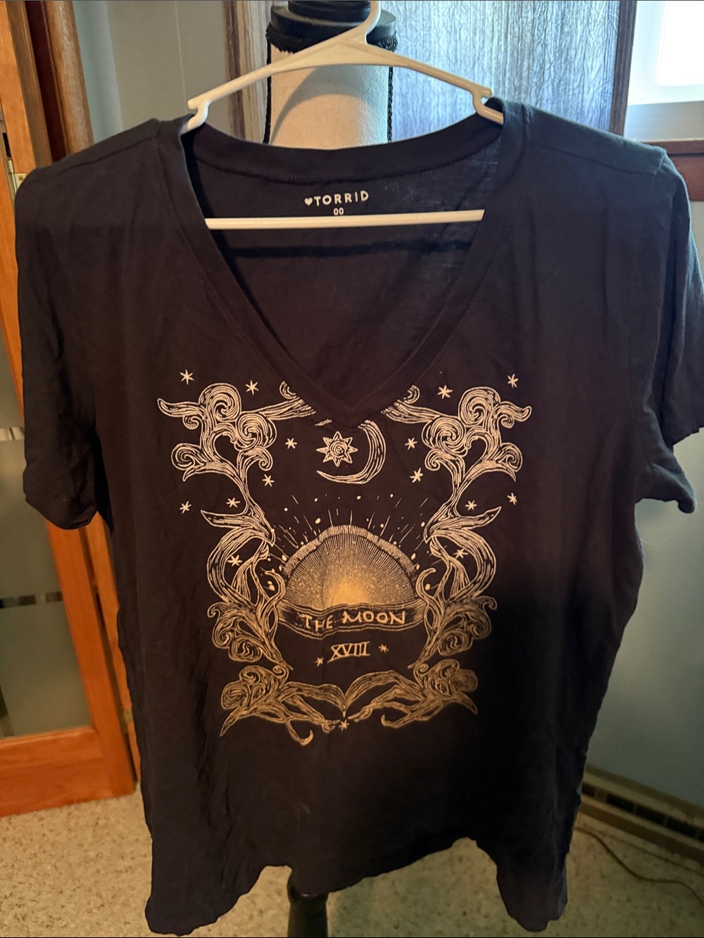 torrid Black V-Neck Tee with Gold Moon Graphic